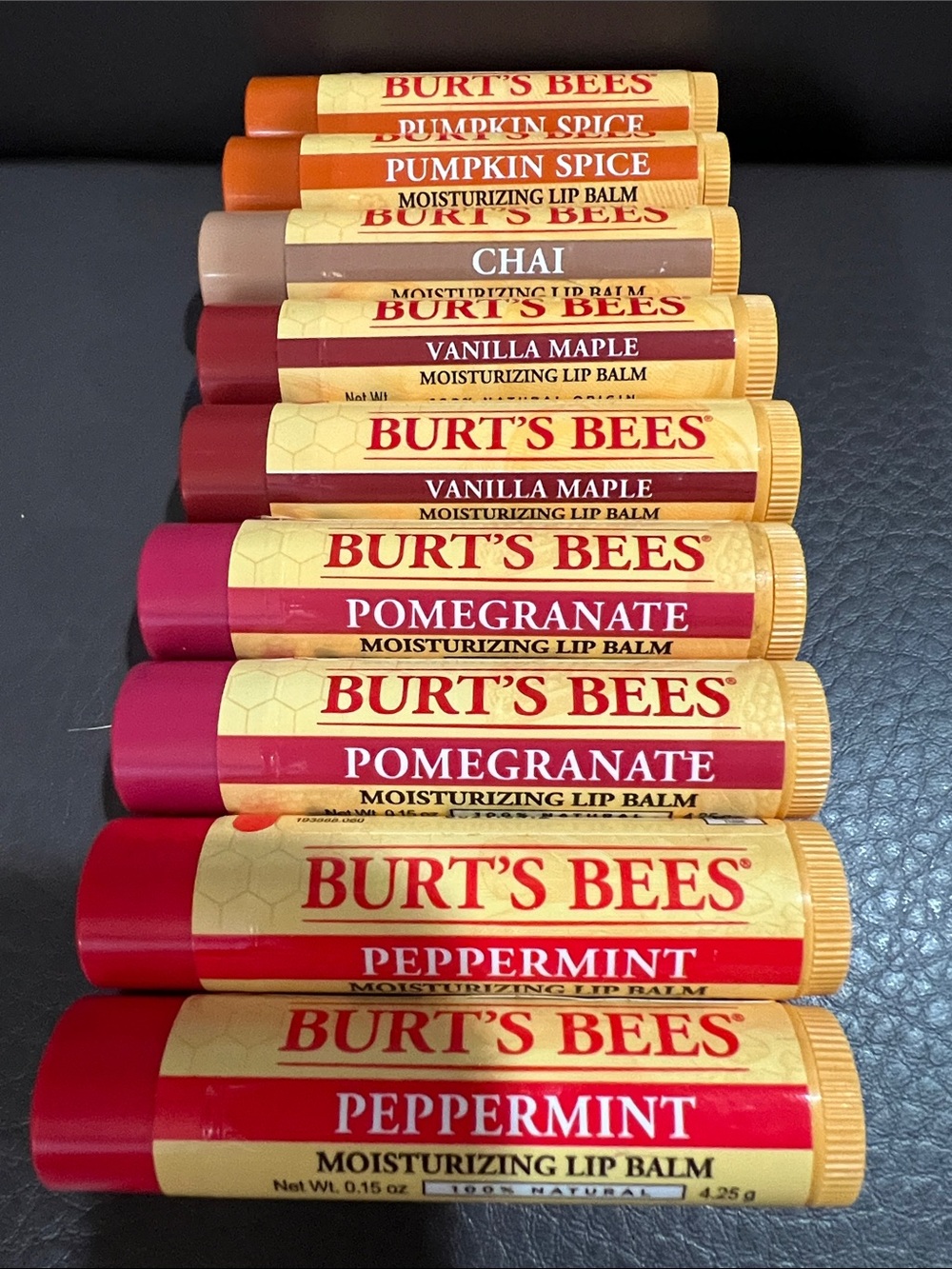 Burt’s bees lot! Sealed! Pumpkin spice, chai, vanilla maple, pomegranate, pmint